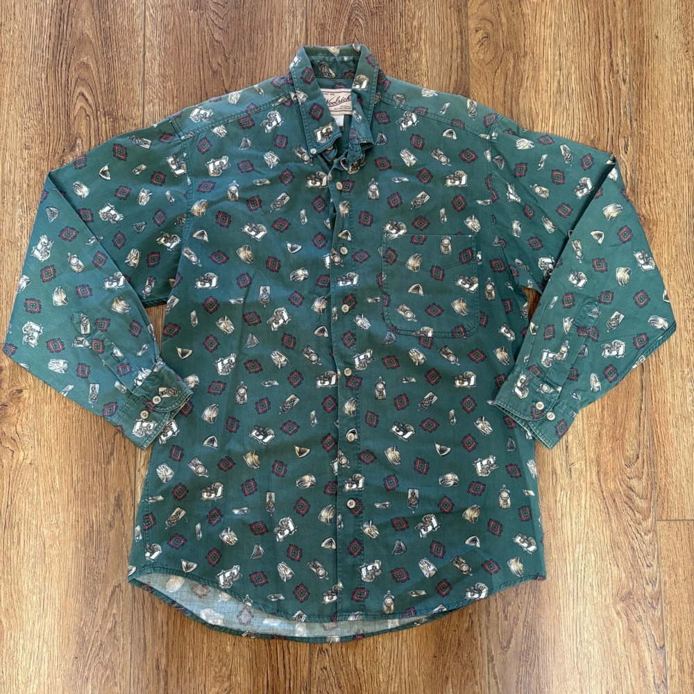 Woolrich Mens Green Cotton Outdoor Novelty Print Button Down Shirt Medium AOP